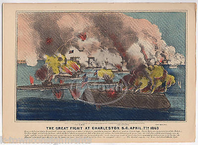 CHALRSTON SC SEA BATTLE VINTAGE CIVIL WAR NAVY GRAPHIC ILLUSTRATION POSTER PRINT - K-townConsignments