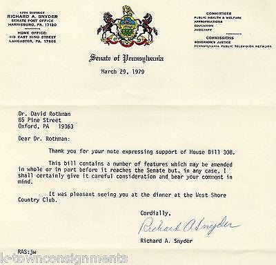 RICHARD SNYDER PENNSYLVANIA SENATE AUTOGRAPH SIGNED HOUSE BILL 308 LETTERHEAD - K-townConsignments