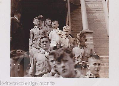 BOY SCOUTS OF AMERICAN SCOUTS IN UNIFORM EXITING CHURCH VINTAGE SNAPSHOT PHOTO - K-townConsignments