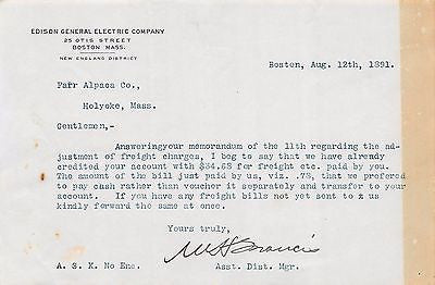 EDISON GENERAL ELECTRIC COMPANY BOSTON MASS ANTIQUE SIGNED LETTERHEAD 1891 - K-townConsignments