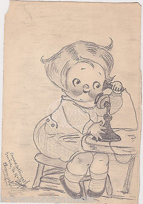 CAMPBELL'S SOUP GIRL TELEPHONE CALL VINTAGE SIGNED PENCIL SKETCH ADVERTISING ART - K-townConsignments