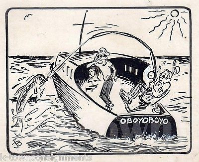 BOAT FISHING HUMOR OUR ON THE LAKE ORIGINAL NEWS CARTOON INK SKETCH DRAWING - K-townConsignments