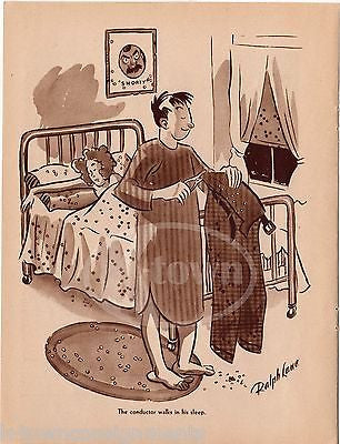 RAILROAD TRAIN CONDUCTOR SLEEPWALKING VINTAGE GRAPHIC ILLUSTRATION CARTOON PRINT - K-townConsignments