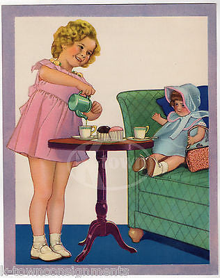SHIRLEY TEMPLE & CUTE BABY DOLL TEA PARTY ANTIQUE GRAPHIC ILLUSTRATION PRINT - K-townConsignments
