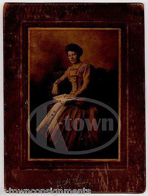 LOVELY SCHOOL TEACHER IN FINE DRESS ON CARVED BENCH ANTIQUE PHOTO ON BOARD - K-townConsignments