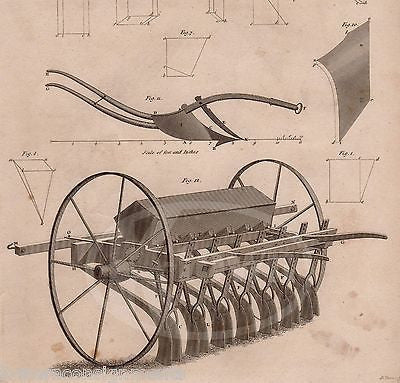 EARLY PLOWING HARVESTING EQUIPMENT DESIGN ANTIQUE GRAPHIC ENGRAVING PRINT 1832 - K-townConsignments