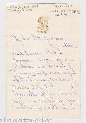 MAY RILEY SMITH EARLY AMERICAN AUTHOR POET ANTIQUE AUTOGRAPH SIGNED LETTER 1888 - K-townConsignments