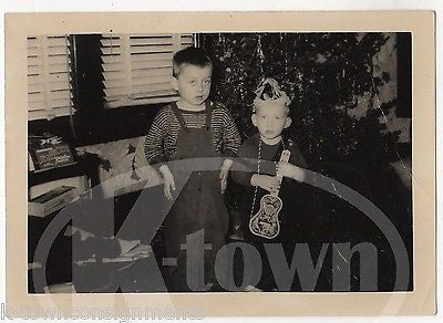 CUTE LITTLE UKULELE BOYS CHRISTMAS TREE MORNING VINTAGE AMERICANA SNAPSHOT PHOTO - K-townConsignments