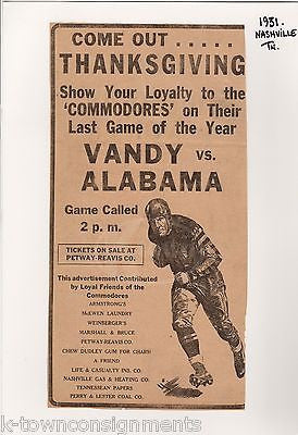 VANDERBILT V. ALABAMA EARLY COLLEGE FOOTBALL GRAPHIC ADVERTISING NEWS PRINT 1931 - K-townConsignments