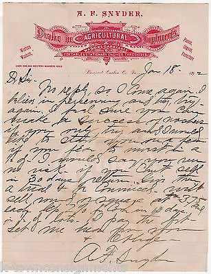 AF SNYDER AGRICULTURAL FARM EQUIPMENT ANTIQUE GRAPHIC STATIONERY LETTERHEAD 1892 - K-townConsignments