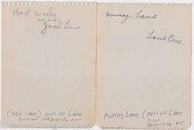 JACK LANE MURRAY LANE BROTHERS VAUDEVILLE ACT VINTAGE AUTOGRAPH SIGNED PAGES - K-townConsignments