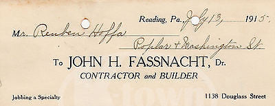 JOHN FASSNACHT CONTRACTOR READING PENNSYLVANIA ANTIQUE ADVERTISING SALES RECEIPT - K-townConsignments