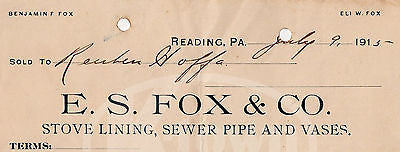 ELI FOX SEWAGE PIPE Co. READING PENNSYLVANIA ANTIQUE ADVERTISING SALES RECEIPT - K-townConsignments