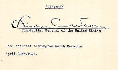 LINDSAY WARREN US COMPTROLLER GENERAL VINTAGE ORIGINAL AUTOGRAPH SIGNATURE - K-townConsignments