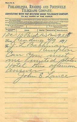 PHILADELPHIA READING POTTSVILLE TELEGRAPH COMPANY ANTIQUE ADVERTISING RECEIPT - K-townConsignments