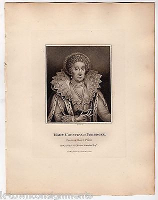 MARY COUNTESS OF PEMBROKE ENGLAND ANTIQUE PORTRAIT ENGRAVING PRINT BIO 1806 - K-townConsignments