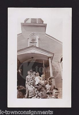 BOY SCOUTS OF AMERICAN SCOUTS IN UNIFORM EXITING CHURCH VINTAGE SNAPSHOT PHOTO - K-townConsignments