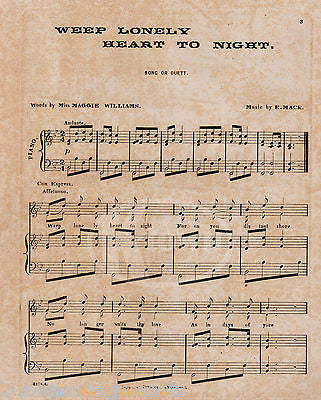 WEEP LONLEY HEART TONIGHT MAGGIE WILLIAMS SONG ANTIQUE SHEET MUSIC 1875 - K-townConsignments