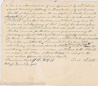 MILLBURY WORCESTER MA ERASTUS SUMNER SARAH HOWARD ANTIQUE RENTAL AGREEMENT 1834 - K-townConsignments