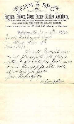 ZEHM MINING SUPPLY KUTZTOWN PENNSYLVANIA ANTIQUE ADVERTISING LETTERHEAD 1892 - K-townConsignments