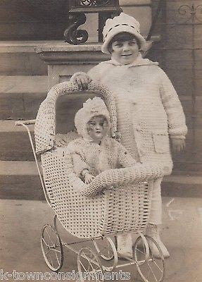 CUTE LITTLE BOB-CUT GIRL VICTORIAN ANTIQUE DOLL & WICKER CARRIAGE ANTIQUE PHOTO - K-townConsignments