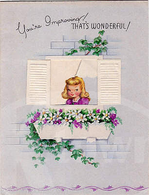 Cute Little Girl Peeking Out Window Vintage Graphic Art Get Well Greetings Card - K-townConsignments