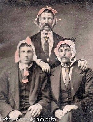 THREE GROWN MEN WEARING LADYS BONNETS ANTIQUE CROSS DRESSING HUMOR TINTYPE PHOTO - K-townConsignments