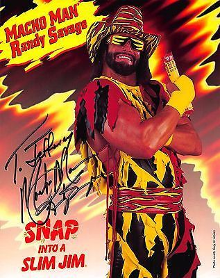 MACHO MAN RANDY SAVAGE VINTAGE AUTOGRAPH SIGNED SLIM JIM JUMBO ADVERTISING CARD - K-townConsignments