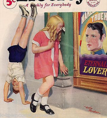 LITTLE GIRL & BOY AT THE MOVIES VINTAGE LESLIE THRASHER GRAPHIC COVER PRINT - K-townConsignments