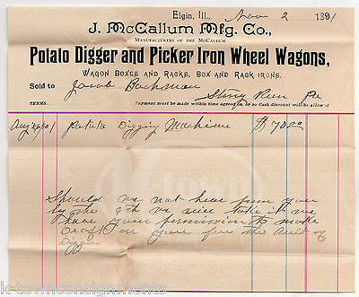 McCALLUM POTATO DIGGER WAGON WHEELS STONY RUN PA ANTIQUE SALES RECEIPT 1891 - K-townConsignments