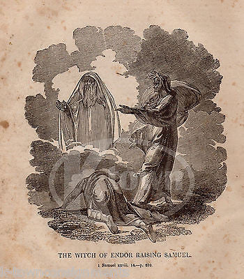 SAMUEL 28:14 WITCH OF ENDOR RAISING SAMUEL ANTIQUE BIBLE ENGRAVING PRINT 1846 - K-townConsignments