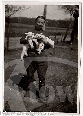 FARMER SOLDIER WITH CUTE BABY LAMBS IN HAND ORIGINAL VINTAGE SNAPSHOT PHOTO - K-townConsignments