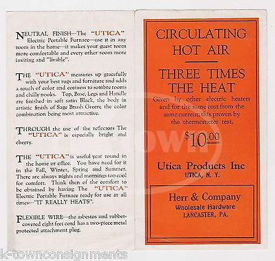 UTICA ELECTRIC PORTABLE FURNACES LANCASTER PA ANTIQUE GRAPHIC ADVERTISING FLYER - K-townConsignments
