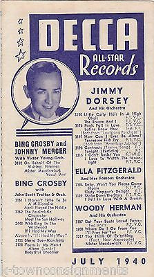 BING CROSBY ELLA FITZGERALD JIMMY DORSEY & MORE VINTAGE DECCA ADVERTISING FLYER - K-townConsignments