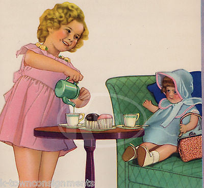 SHIRLEY TEMPLE & CUTE BABY DOLL TEA PARTY ANTIQUE GRAPHIC ILLUSTRATION PRINT - K-townConsignments