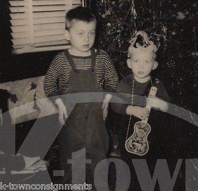 CUTE LITTLE UKULELE BOYS CHRISTMAS TREE MORNING VINTAGE AMERICANA SNAPSHOT PHOTO - K-townConsignments