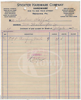 STICHTER HARDWARE READING PENNSYLVANIA ANTIQUE ADVERTISING SALES RECEIPT 1915 - K-townConsignments