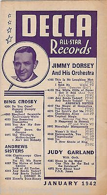 JUDY GARLAND JIMMY DORSEY BING CROSBY KING COLE VINTAGE DECCA ADVERTISING FLYER - K-townConsignments