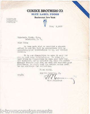 CURTICE BROTHERS BLUE LABEL FOODS H.T. CUMMINGS ANTIQUE SIGNED LETTERHEAD 1927 - K-townConsignments