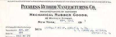 PEERLESS RUBBER MANUFACTURING MECHANICALS NY ANTIQUE ADVERTISING SALES RECEIPT - K-townConsignments