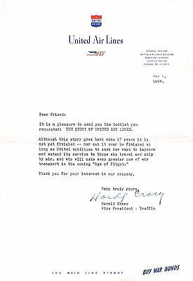 HAROLD CRARY UNITED AIRLINES ORIGINAL AUTOGRAPH SIGNED AVIATION LETTERHEAD 1944 - K-townConsignments