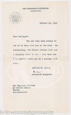 ARCHIBALD MACLEISH PULITZER PRIZE POET AUTOGRAPHED LIBRARY OF CONGRESS LETTER - K-townConsignments