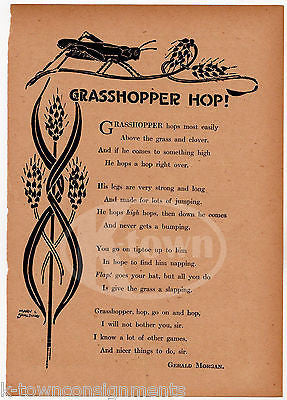 GRASSHOPPER HOP NATURE POEM ANTIQUE NURSERY RHYME GRAPHIC ILLUSTRATION PRINT - K-townConsignments