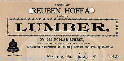REUBEN HOFFA LUMBER READING PENNSYLVANIA ANTIQUE ADVERTISING SALES RECEIPT 1915 - K-townConsignments