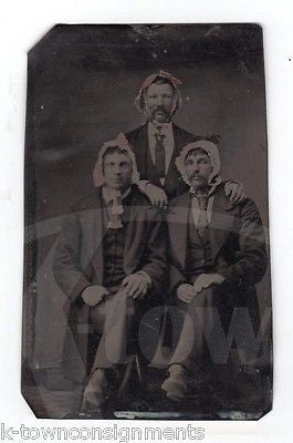 THREE GROWN MEN WEARING LADYS BONNETS ANTIQUE CROSS DRESSING HUMOR TINTYPE PHOTO - K-townConsignments