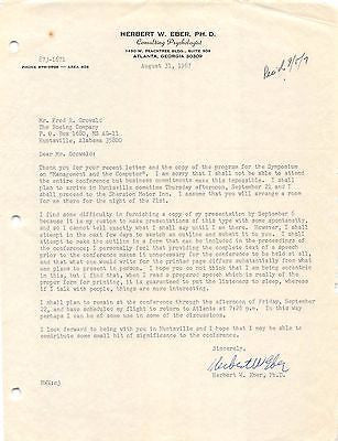 DR. HERBERT EBER NASA PSYCHOLOGIST AUTOGRAPH SIGNED BOEING COMPANY LETTER 1967 - K-townConsignments