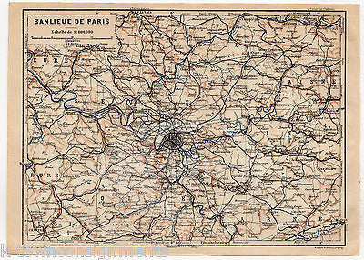 BANLIEUE DE PARIS FRANCE SEINE ANTIQUE TRAVEL CITY MAP WAGNER & LEIPZIG 1909 - K-townConsignments