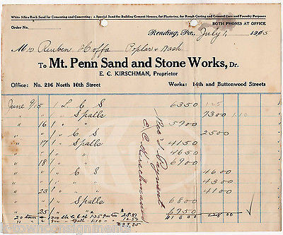 Mt PENN SAND & STONE READING PENNSYLVANIA ANTIQUE ADVERTISING SALES RECEIPT 1915 - K-townConsignments