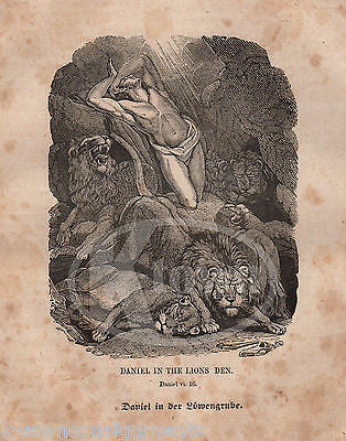 DANIEL IN THE LIONS DEN DANIEL 6:16 GERMAN ANTIQUE BIBLE ENGRAVING PRINT 1829 - K-townConsignments