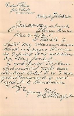 CENTRAL HOUSE READING PENNSYLVANIA ANTIQUE HOTEL ADVERTISING LETTERHEAD 1891 - K-townConsignments